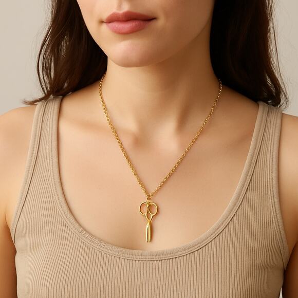 Gold-Tone Scissors Pendant Necklace Quirky Jewelry Craft Lover Gift - Picture 1 of 5